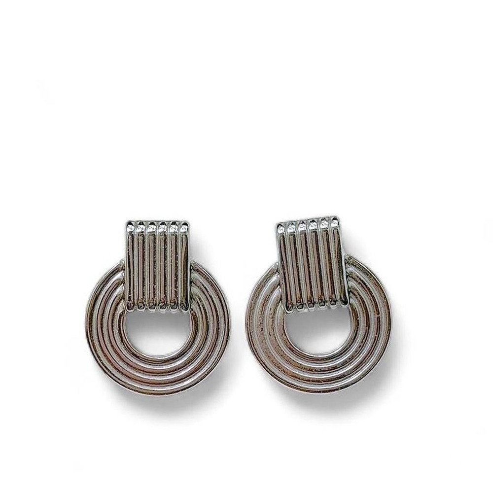 Vintage 80s Style Silver Ribbed Earrings Coquette Concentric Circle